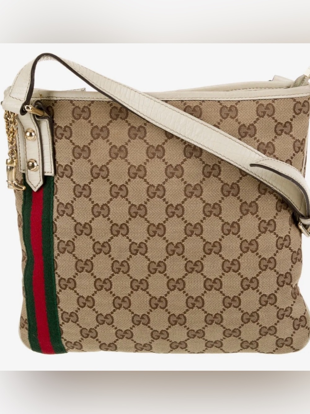 Gucci Beige GG Jolicoeur Crossbody with Green and Red Web Stripe & boot charm